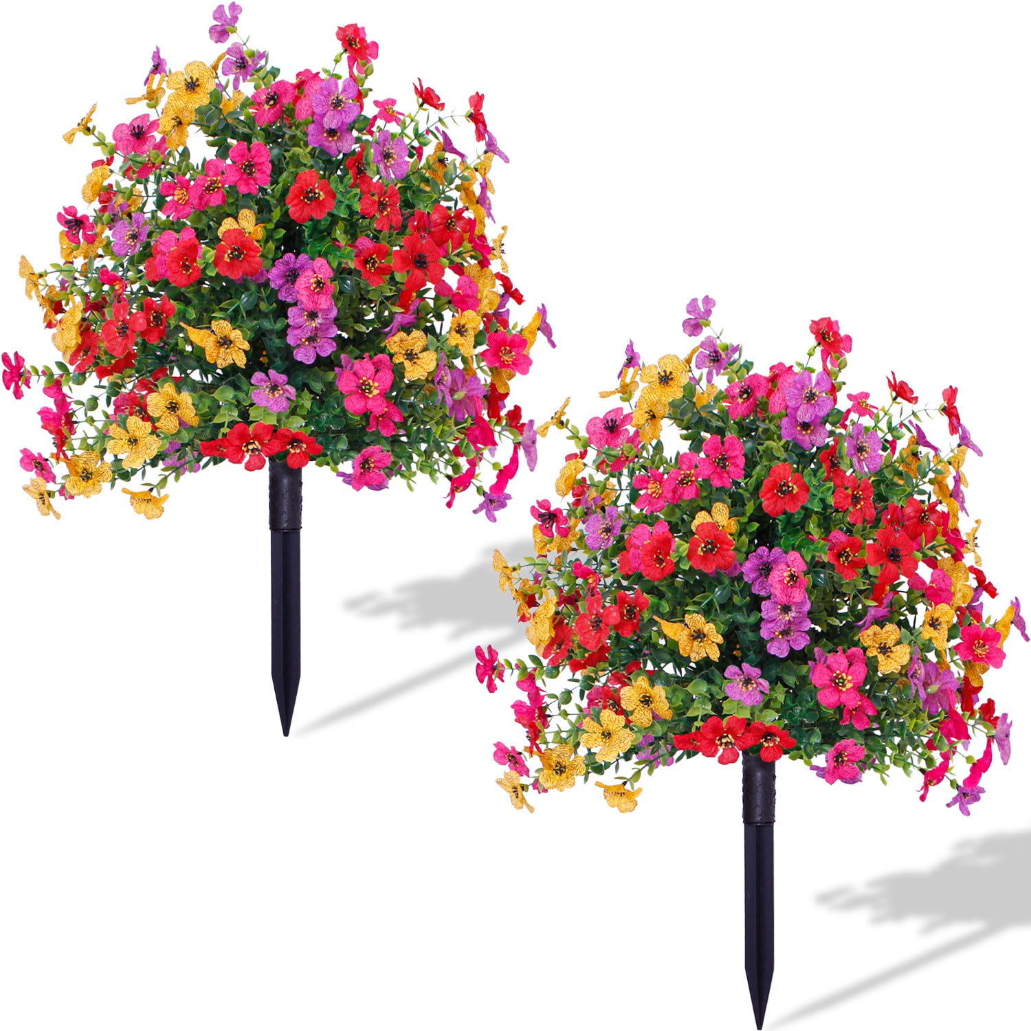 Artificial Flowers with Ground Spikes, Artificial Boxwood Topiary Ball Bush with Flowers for Outdoor, UV Resistant Faux Greenery Shrubs for Garden, Yard, Porch, Patio Decor (2PCS)