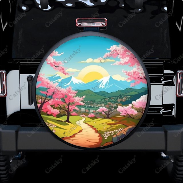 Mountain with Blossom Pattern Polyester Universal Spare Wheel Tire Cover Wheel Covers for Trailer RV SUV Truck Camper