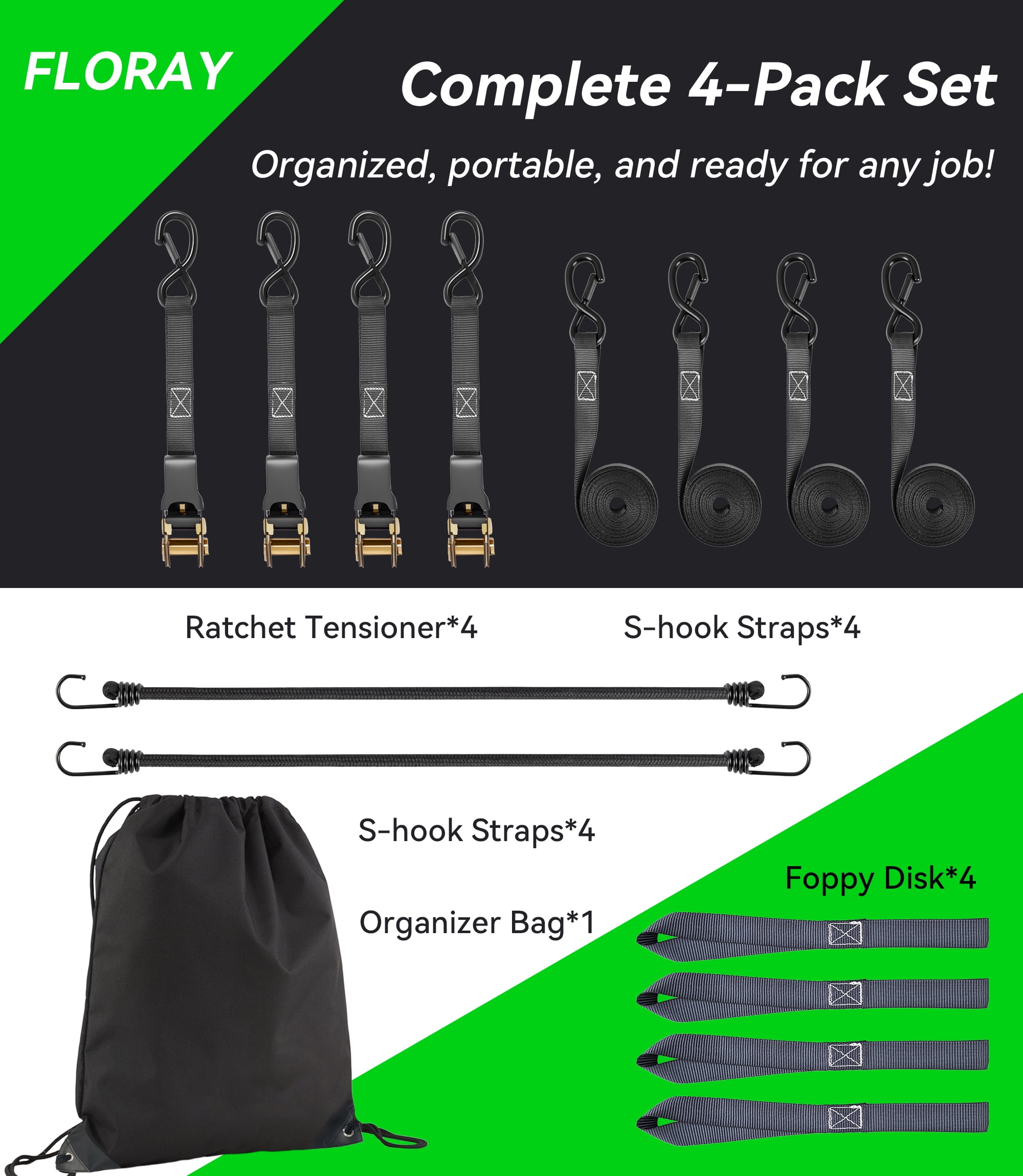 FLORAY 1" x 15' Heavy Duty Ratchet Strap with S Hooks, 4 pack - 2,200lbs Break Strength, Retractable CargoTie Down Ratcheting for Trucks and Trailers