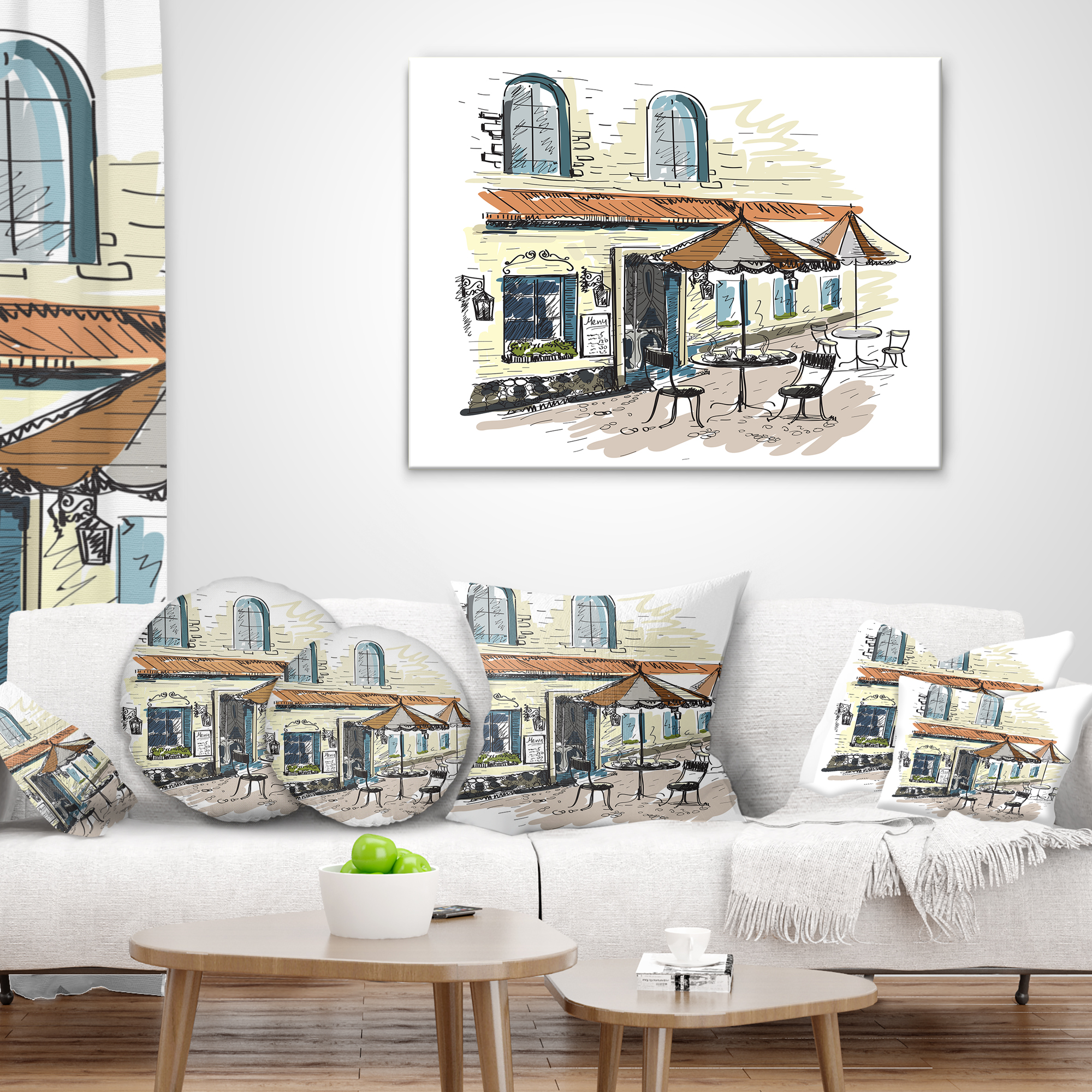 Designart Street Cafe - Watercolor Painting Throw Pillow - 18x18