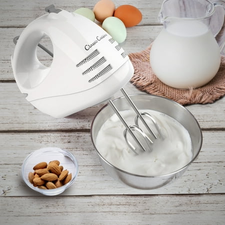 Hand Mixer with Stainless Steel Beater Blades and Dough Hook- 6 Speed Electric Mixer By Classic Cuisine (For Kitchen, Cooking and Baking) (White)