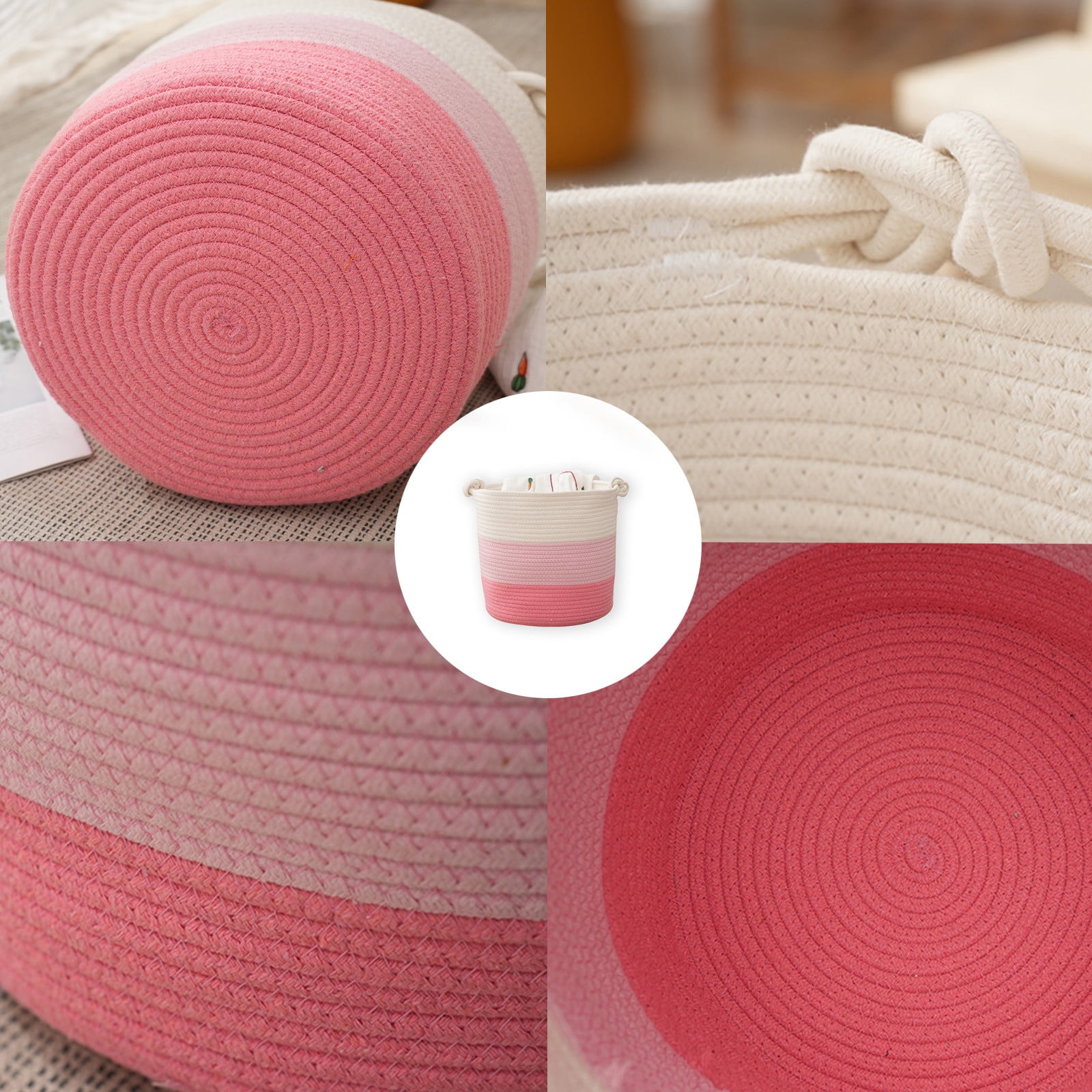 SIYTUAU Woven Cotton Rope Storage Basket Laundry Hamper Toy Organizer Handles Large Capacity Fabric Bin Nursery Room Pink Pink