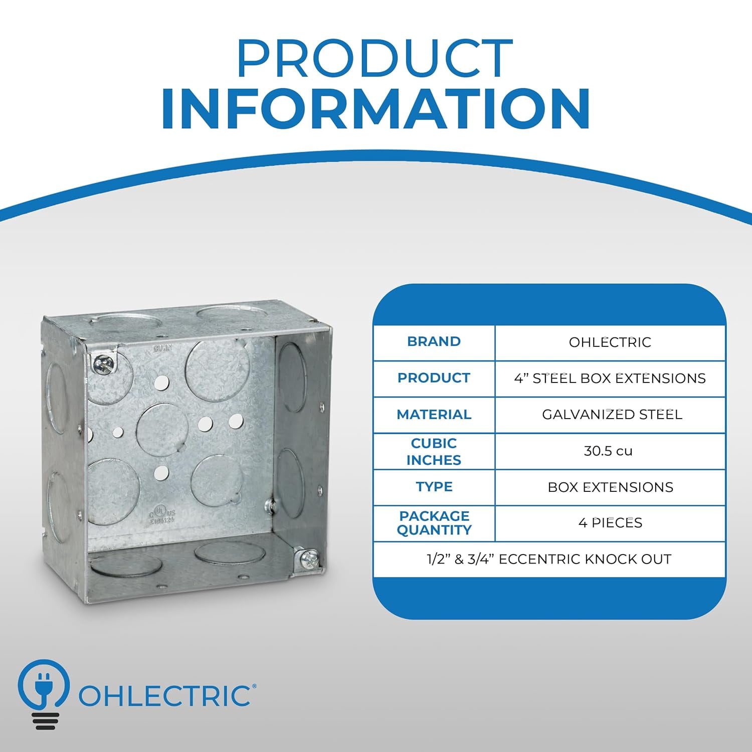 OHLECTRIC 4" Square Welded 2-1/8" Deep Boxes with 1/2 and 3/4" KO – Made of Galvanized Steel, Raised Ground Emboss Junction Boxes for Walls and Ceilings - (4-Pack)
