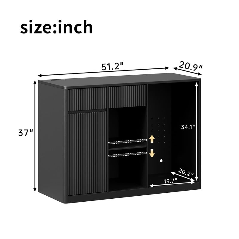 51.2"W Fluted-Door Kitchen Sideboard Buffet with Mini Fridge Nook, Freestanding Bar Wine Storage Cabinet with Charging Station