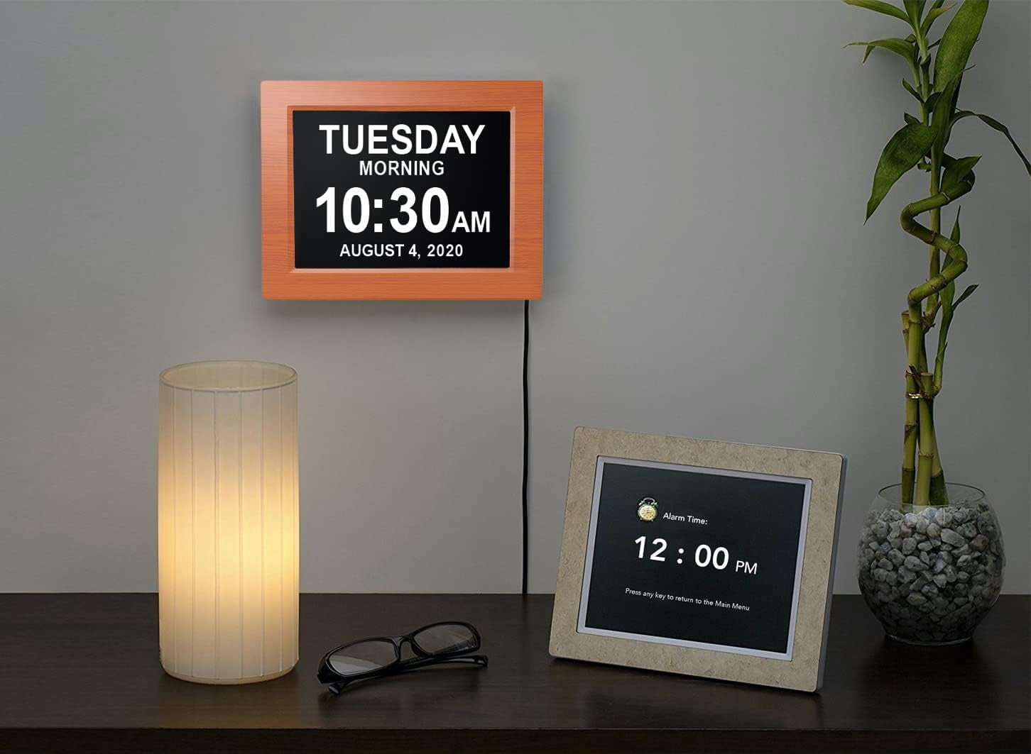 Pokanic Digital Calendar Date Multi Alarm Clock 8 inch Large Display Auto-Dimming Electic Desk Table Wall Mount Office, Home, Kitchen, Room, School, Bedroom, Living Room (Brown)