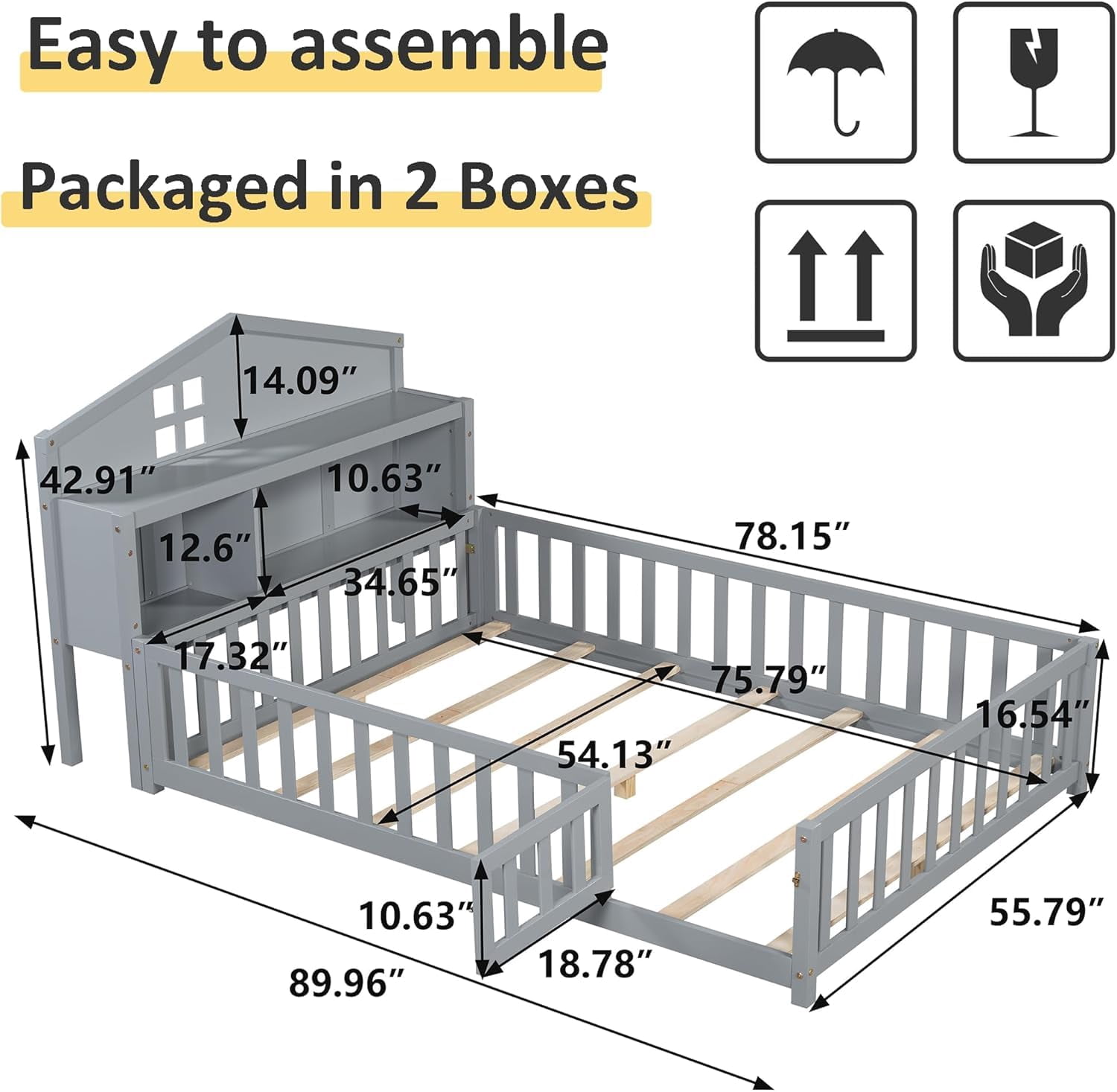 Mirightone Full Montessori Floor Bed with Storage Headboards and Guard rails, Montessori Bed Frame with Blackboards for Kids Teens, Gray