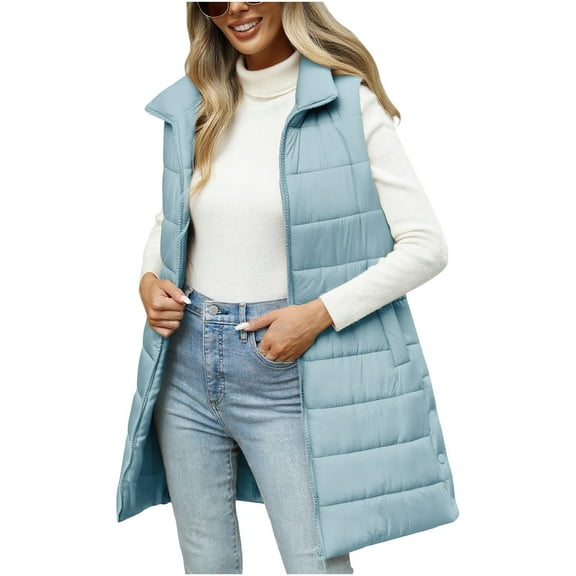 ZQUUVOU Women's Fall Quilted Vest Casual Warm Winter Solid Full Zip Collar Sleeveless Long Puffer Jacket with Pockets Light Blue