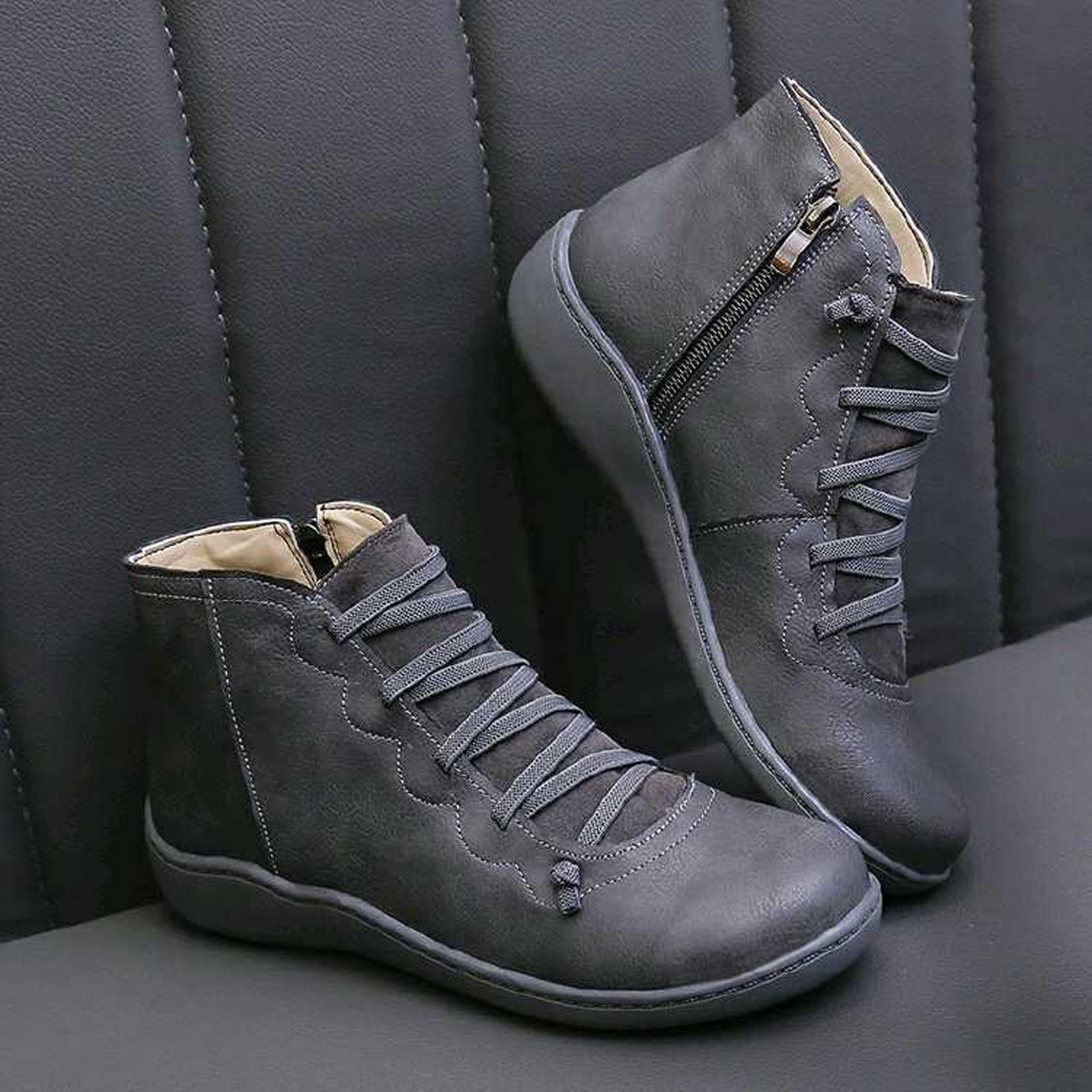 Summer Saving Clearance AXXD Women's Vintage Lace Side Zip Round Toe Flat Boots Hiking Boots Women Clearance Gray Size 42(US:9)