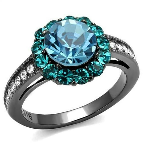 Alamode TK2716-6 Women IP Light Black Stainless Steel Ring with Top Grade Crystal in Sea Blue - Size 6