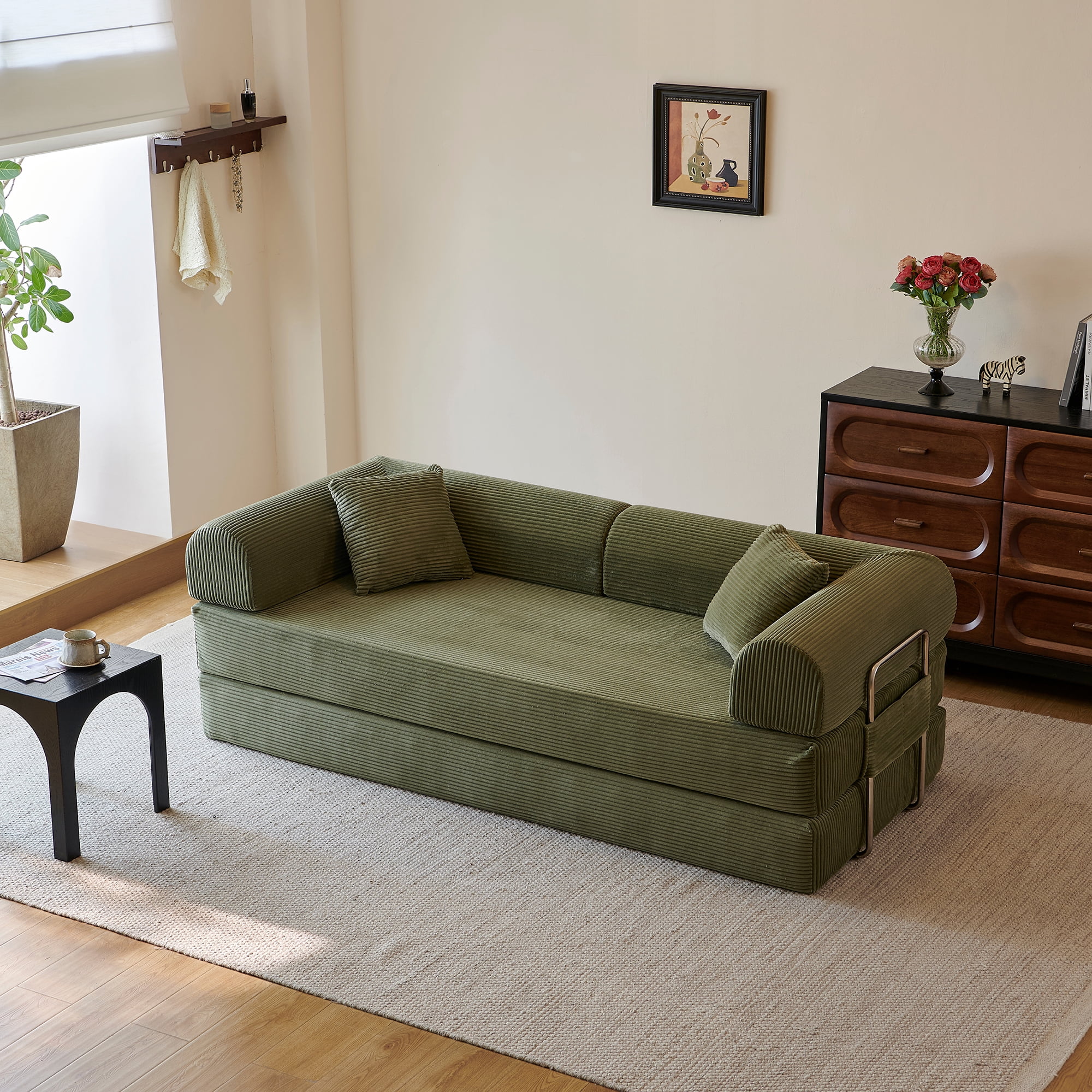 Leumius 78.8" Convertible Sofa Bed with Pillow Back Support Armrest,Comfy Corduroy Fabric Boneless Modular Sectional Sofa,Futon Couch Sleeper Bed for Living Room,Bedroom,Green
