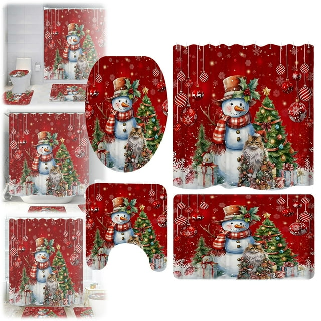 Décorations de Noël Extérieures Produits de Salle de Bain Ensemble de Rideau de Douche de Noël 4 Pcs avec Tapis Ensembles de Salle de Bain avec Douche Buse de Douche
