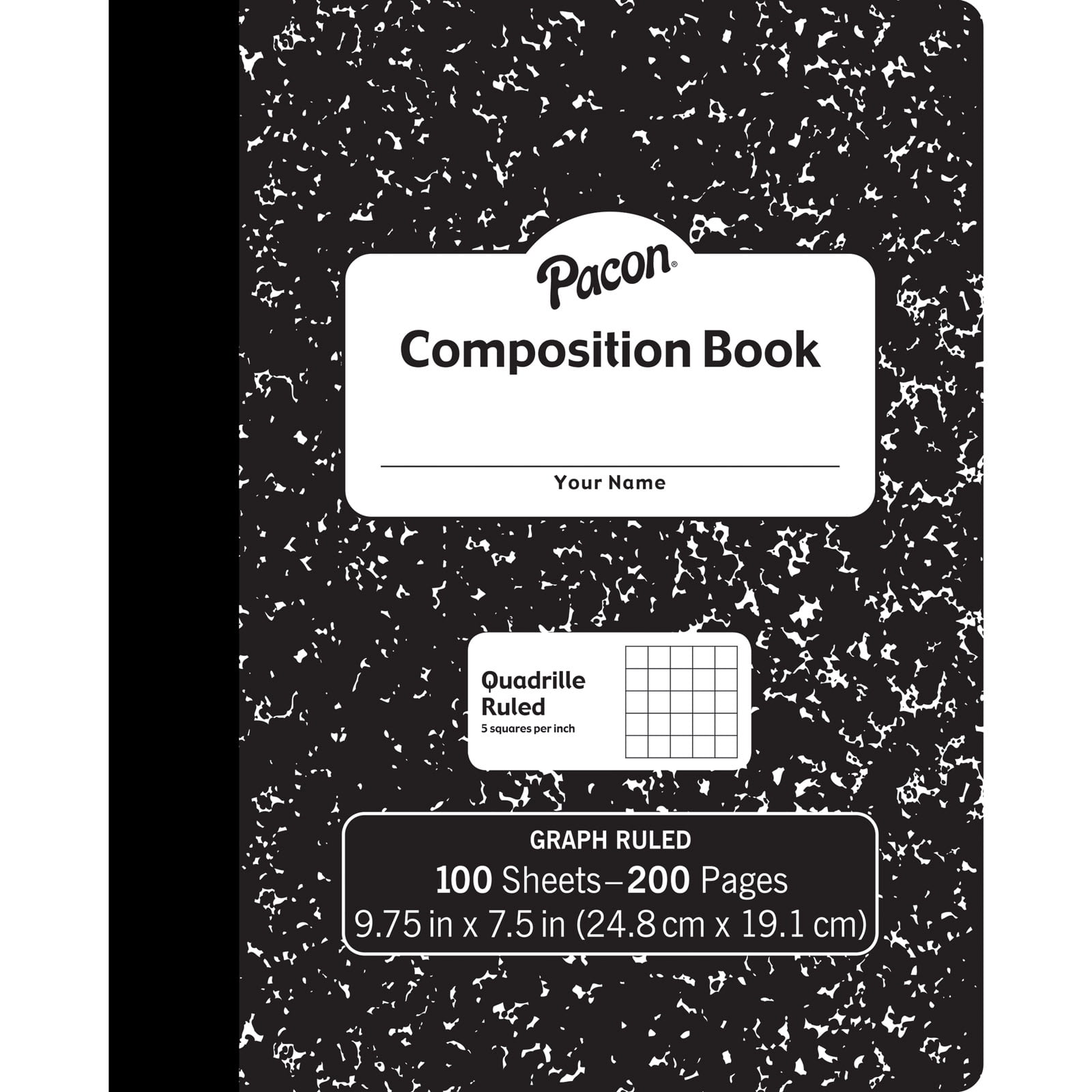 Pacon Composition Book, Black Marble, 1/5" Quadrille Ruled, 9-3/4" x 7-1/2", 100 Sheets, Pack of 6