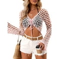 thumbnail image 4 of Arvbitana Women's Summer Mini Knit Cover Up Long Sleeve V Neck Hollow Tie Up Beachwear Knitwear, 4 of 6