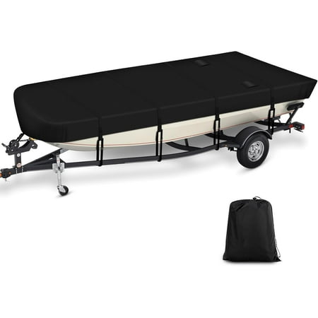 Jon Boat Cover 14-16 ft 900D Oxford Cloth Waterproof Heavy Duty Jon Boat Waterproof Trailerable Boat Covers with Windproof Straps Jon Boat Beam Width up to 75 inch Black