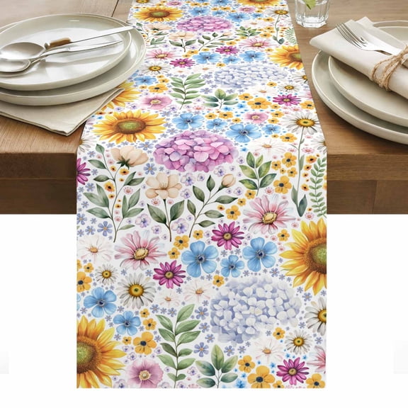 Sunflower Table Runner - 72 Inch Long, Kitchen Dining Table Runner Dresser Scarves, Colorful Flowers Summer Botanical Watercolor Farmhouse Decor for Coffee Tables Wedding Party Banquet