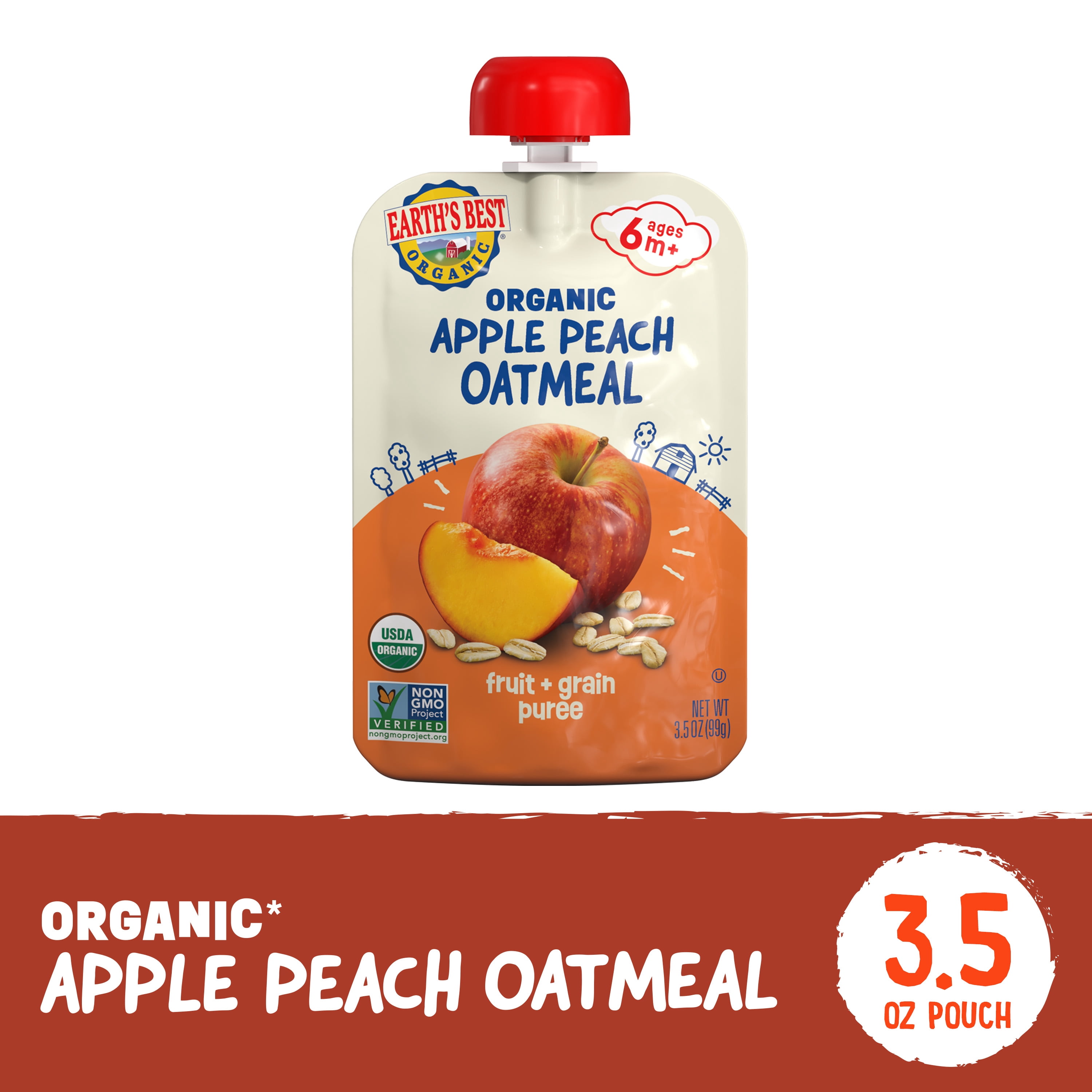 (12 pack) Earth's Best Organic Stage 2 Baby Food, Apple Peach Oatmeal, 3.5 oz Pouch