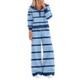 thumbnail image 2 of Domzest Womens 2 Piece Outfit Set Striped Button Scalloped Trim Pullover Top & Wide Leg Pants Lounge Set Fall Casual Matching Outfit Sets Blue S, 2 of 4