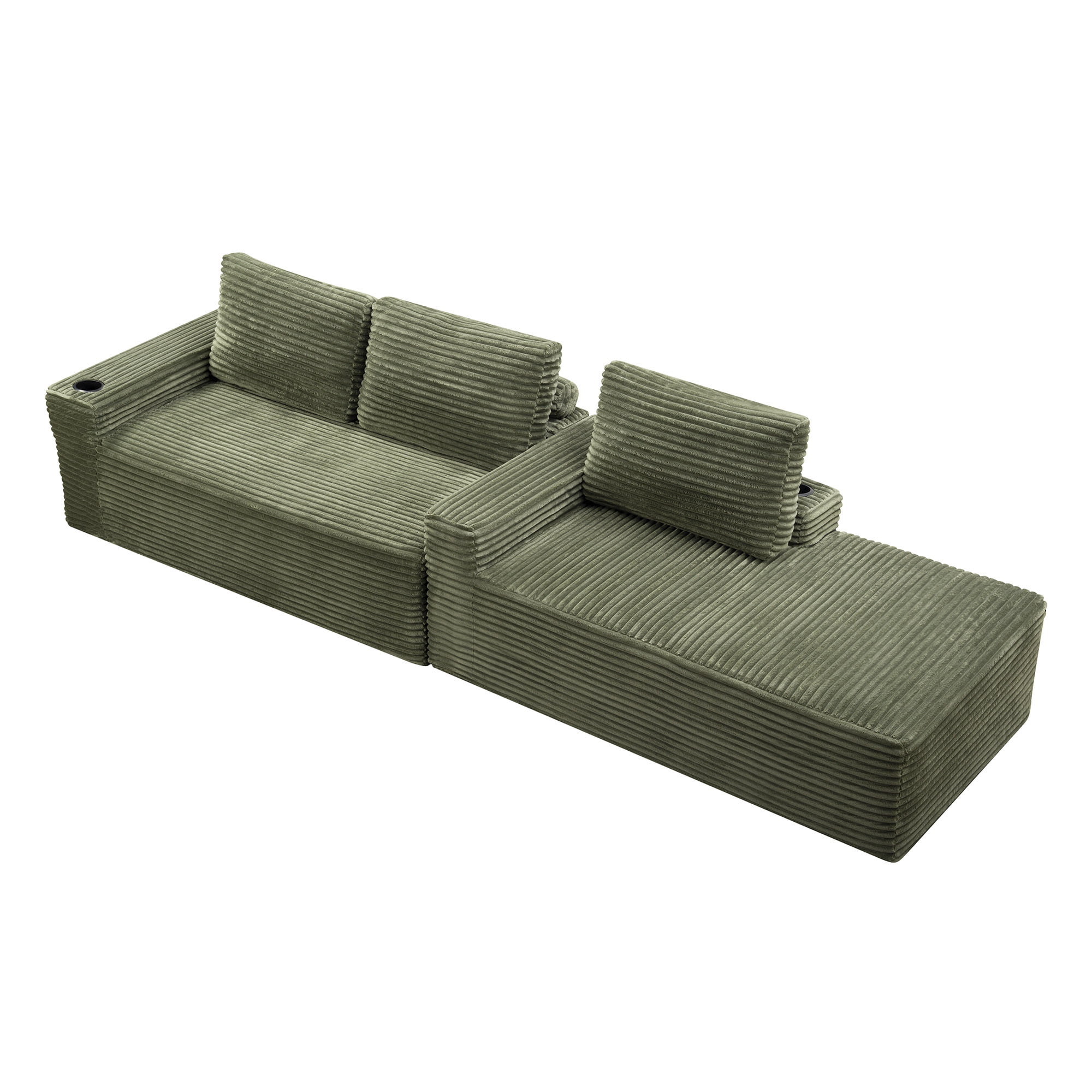 AISWORD 104.3" L-Shaped Modular Sectional Sofa, Corduroy 4-Seater Cloud Couch with Cup Holders & Side Pockets, Boneless Upholstered Sofa, No Assembly, Green, Right-Facing Chaise