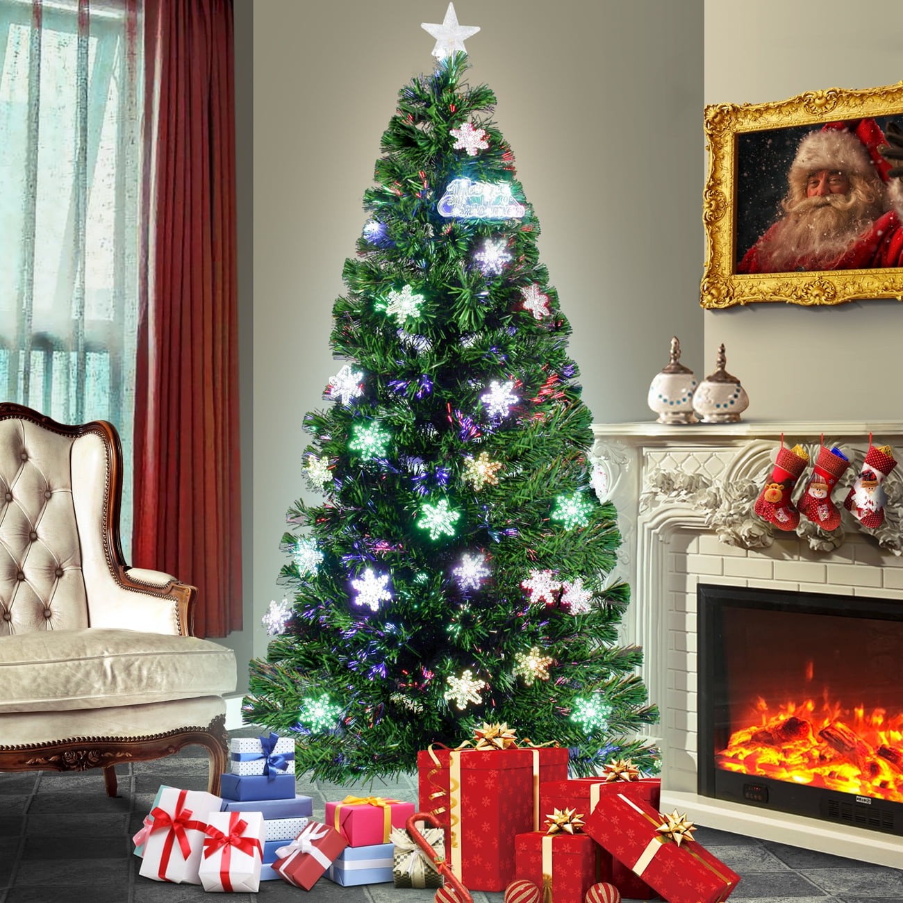 BELLEZE Classic Spruce Hinged Pre-lit Artificial Christmas Tree, 7 Feet ...