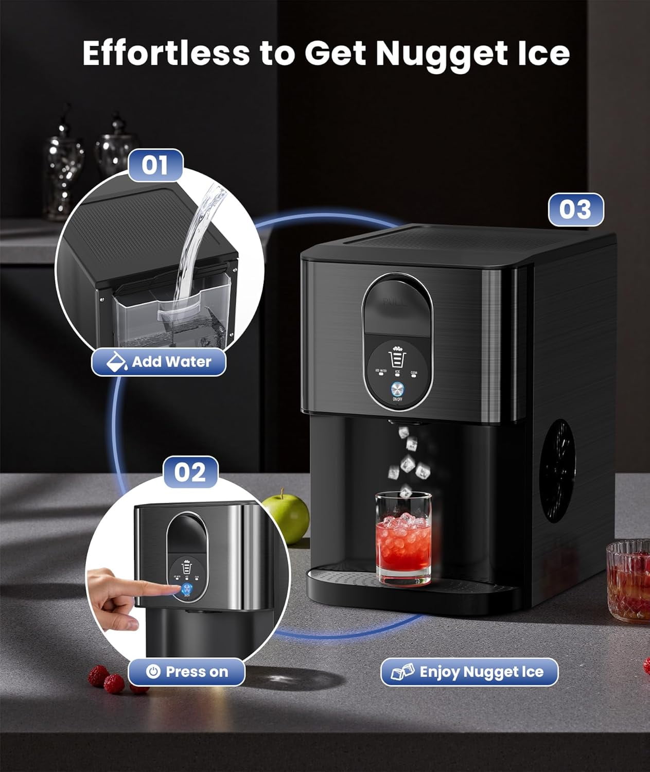 Moifoi Nugget Ice Maker,Culb in 6Mins, 44 lbs/24 H, Auto-Cleaning Portable Ice Machine with Basket & Scoop, Black