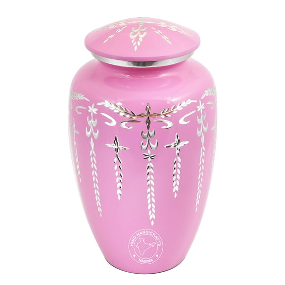 Aluminium Cremation Urn for Human Ashes Adult - Handcrafted Funeral Memorial Ash Storage Urn - Affordable Urn - Bag Included (6.5" x 6.5" x 10.5" - 200lbs or 91kg, Pink)