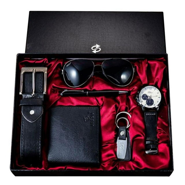 PENGXAING Watch Set Gift For Men Artificial Leather Watch Belt Keychains Sunglasses Pen Wallet Christmas Valentine‘s Day Gift Sets