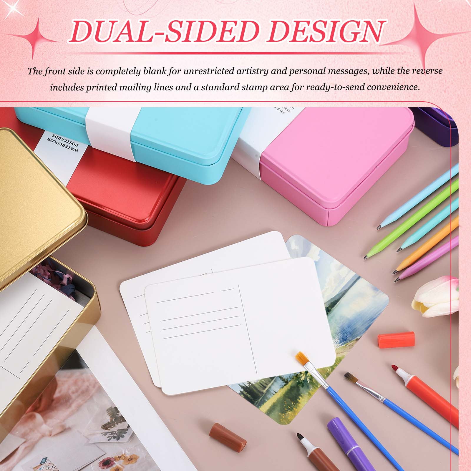 Uxcell 40 Sheets Watercolor Postcards, 100% Cotton 4x6 Inch Watercolor Paper with Red Tin Box Blank Postcards Cold Pressed for Mailing Painting Invitations Greeting Cards(140lb/300gsm)