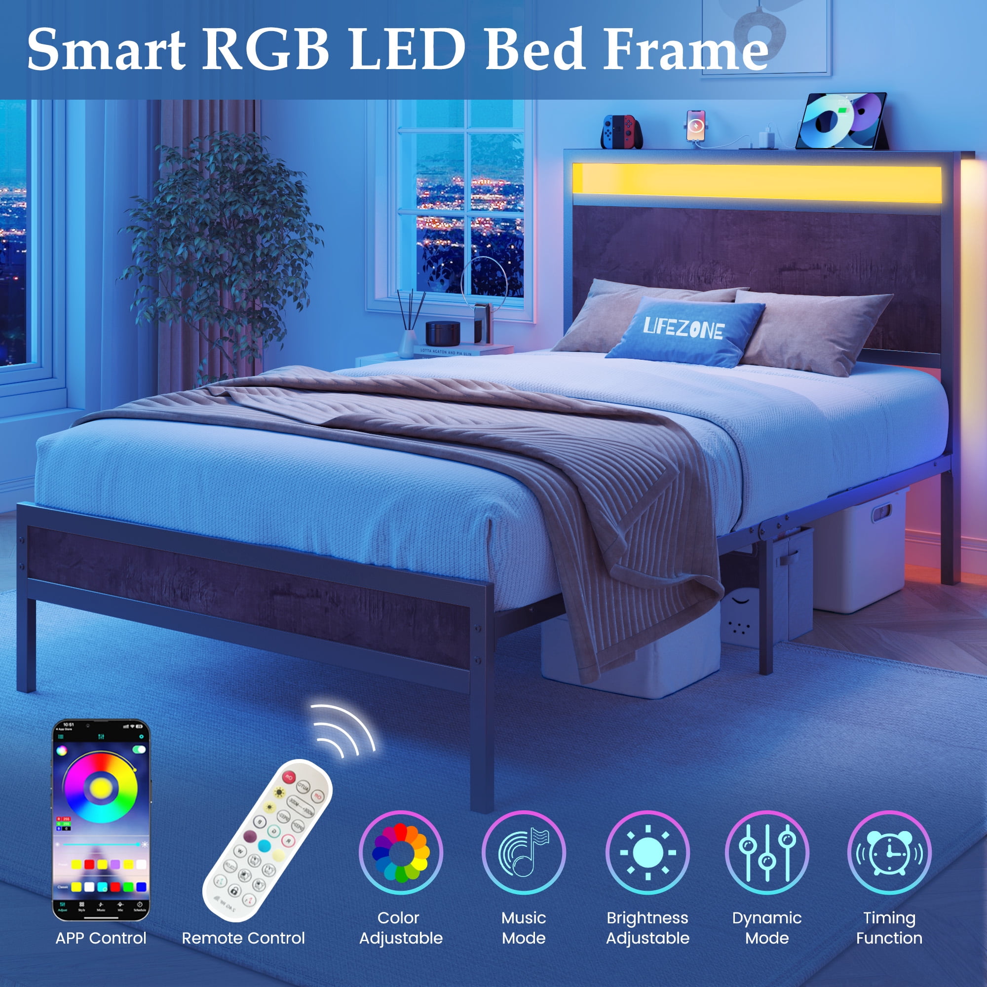 Lifezone Iron Wood Bed Frame, USB Port, LED Headboard, Noise-Free, Twin, Brown