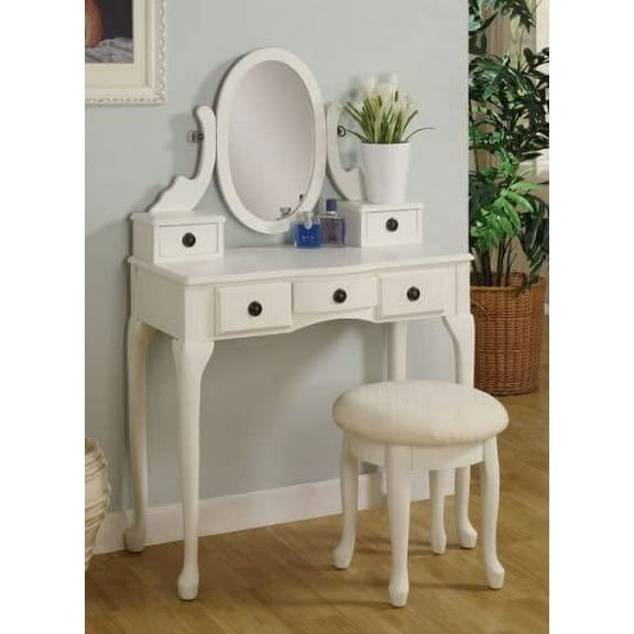 5 Drawer White Makeup Vanity Hair Dressing Table Set w Adjustable Mirror Padded Stool