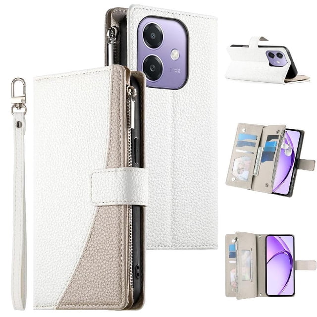 Funda cartera GANGXUN para OPPO A40 5G , cuero PU con tarjetero, cremallera, correa de mano, soporte y protección 381°