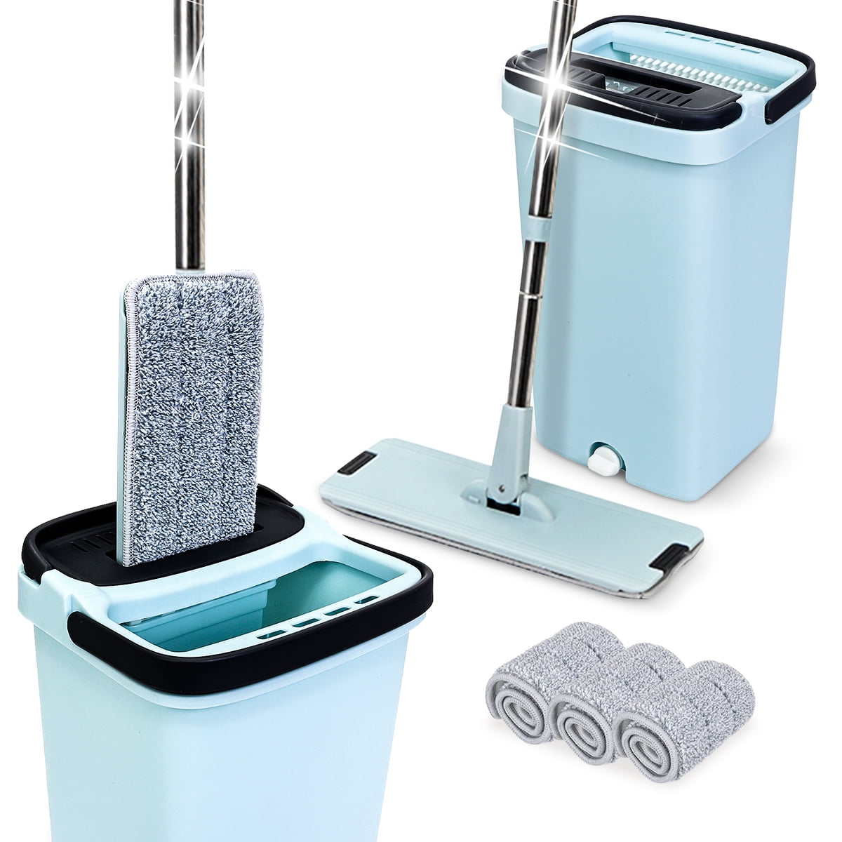 Flat Mop Bucket Set Squeeze Microfiber Floor Cleaner Tiles Home Kitchen Cleaning 