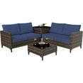 thumbnail image 7 of Outdoor PE Wicker Furniture Set 4 Piece Patio Black Rattan Sectional Loveseat Couch Set Conversation Sofa with Storage Box Glass Top Table and Non-Slip, Blue+Brown, 7 of 7