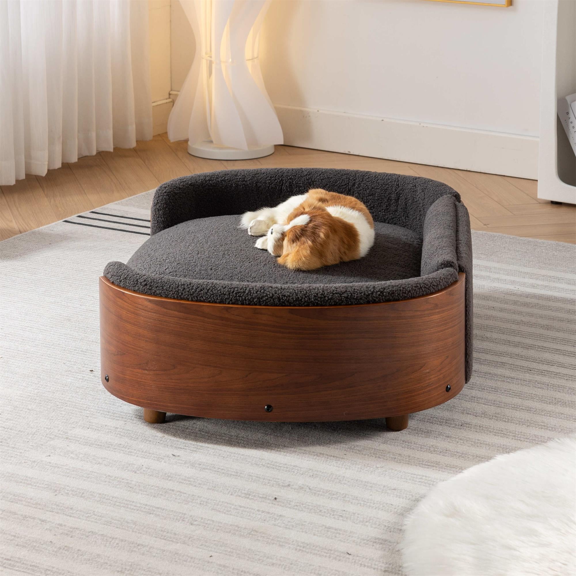 Pefilos 38" Elevated Pet Dog Bed with Solid Wood Legs and Walnut Bent Wood Back, Cashmere Cushion, Pet Sofa for Indoors Dogs, Dark Gray Pefilos 38" Elevated Pet Dog Bed with Solid Wood Legs and Walnut Bent Wood Back, Cashmere Cushion, Pet Sofa for Indoors Dogs, Dark Gray