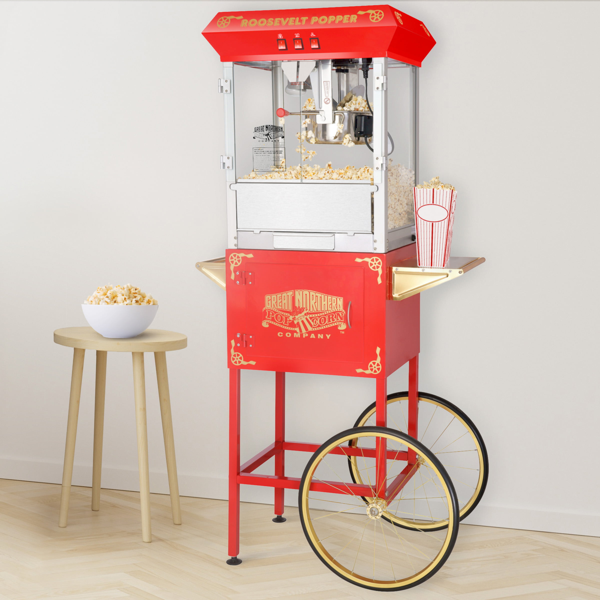 New Red 8 oz Popcorn Machine with Cart Durable Glass Cheap Party Portable  Wheels