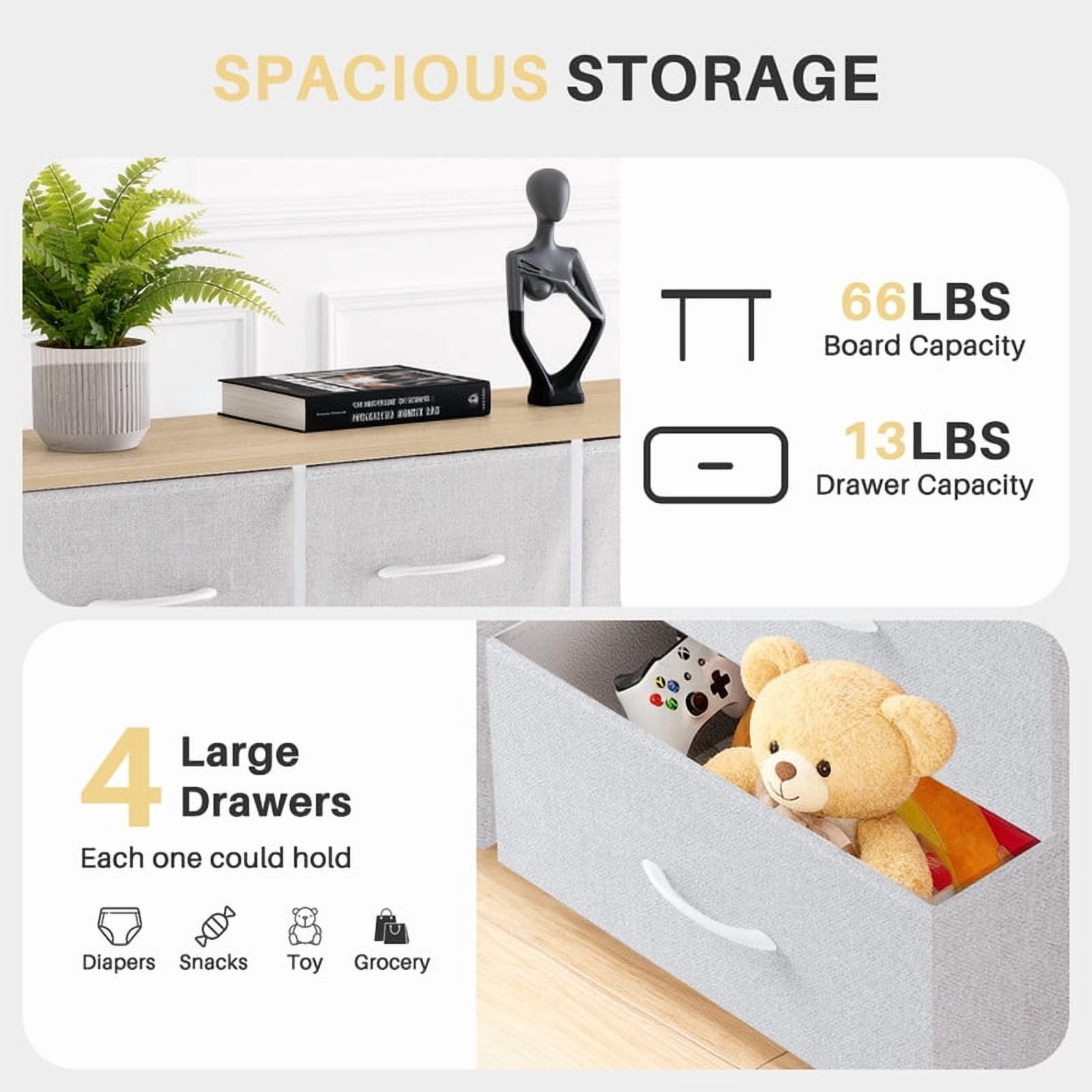 Simenmax 4 Dresser, Storage Drawers with Removable Fabric Bins, Fabric Closet Chests Organizer for Bedroom, Closet, Living Room, Light Gray
