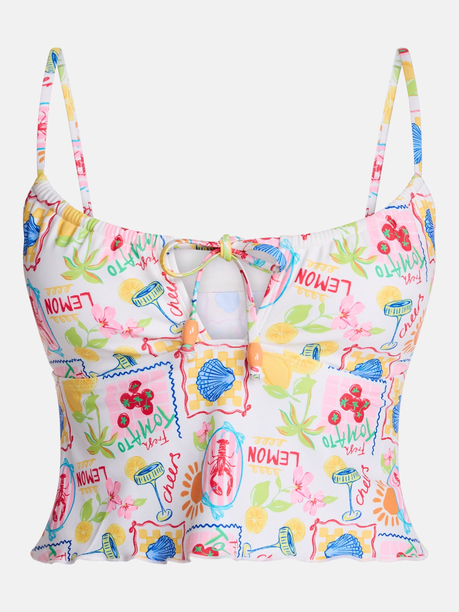 No Boundaries Multi Fruit Print Ruffle Tankini Swim Top, Women's XXS-XXL