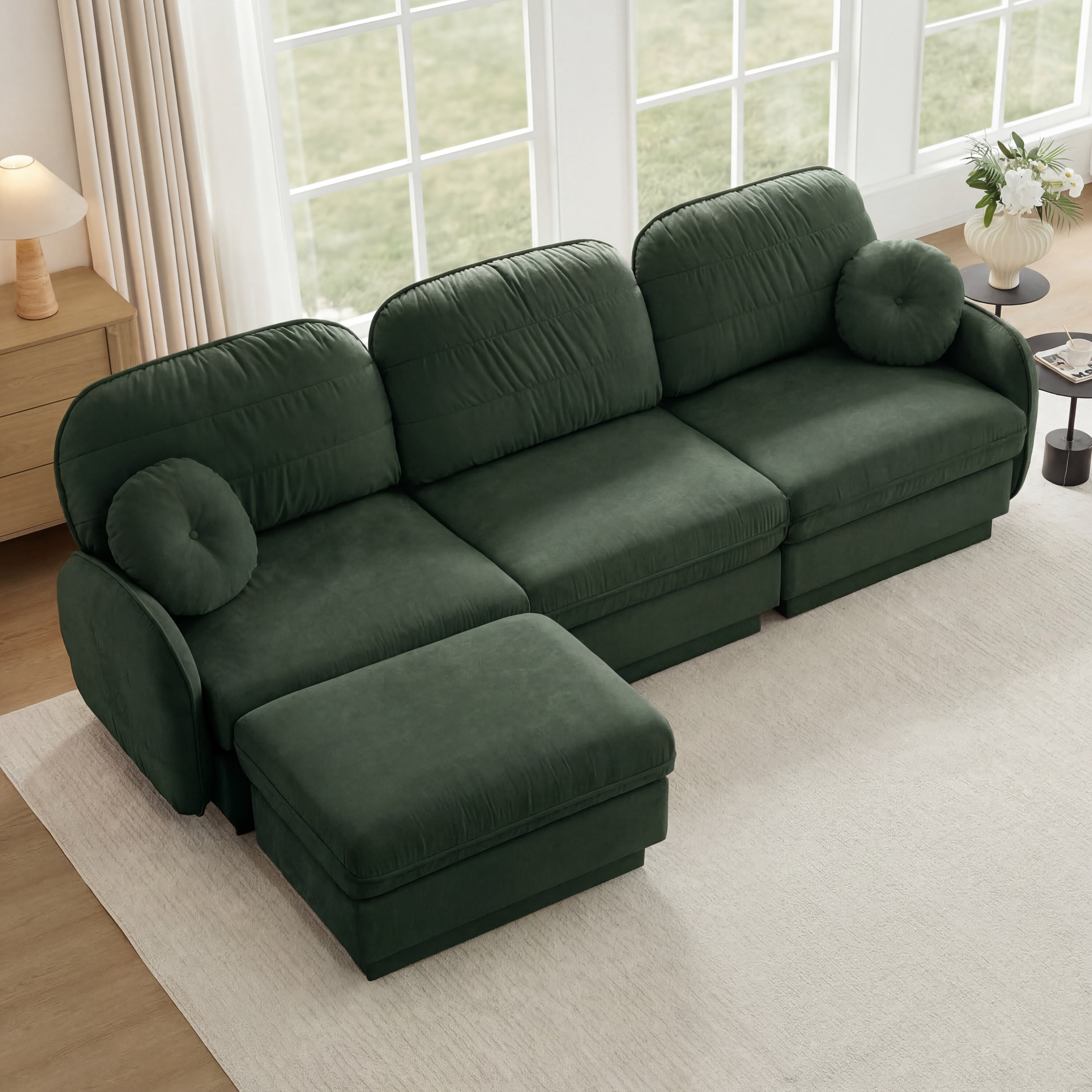 Mintazer 105" Chenille Cloud 3-Seater Modular Sectional Sofa with Movable Ottoman & Round Pillows, L-Shaped Ergonomic Sofa Couch for Living Room, Apartment, Green