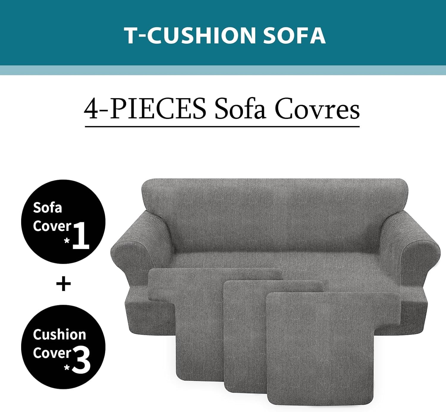 4 Piece T Cushion Sofa Slipcovers Stretch Couch Cover Furniture Covers with 3 Individual T Cushion Covers, Machine Washable for Living Room (Light Gray, 3 Cushions)