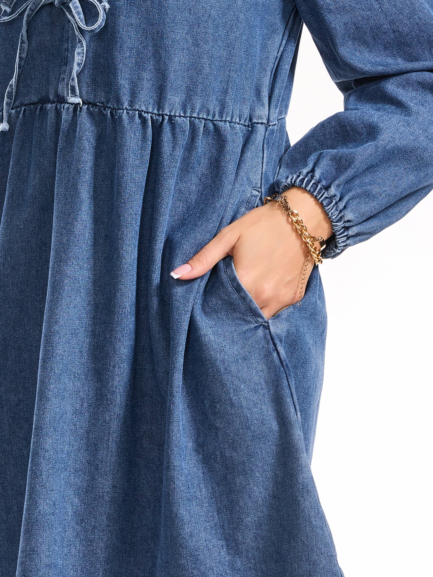 DARING DIVA Women's Denim Dress Bow Tie Long Sleeve Babydoll Dresses M Blue