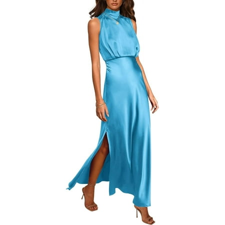 Women Sleeveless Mock Neck Cocktail Dresses Keyhole Elastic Waist Party Wedding Guest Satin High Split Maxi Dress