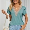 thumbnail image 2 of JWZUY Womens Crochet Lace V Neck Tops Solid Tunic Petal Sleeve Tees Shirts Blouse Short Sleeve Chiffon Elegant Tshirt Summer 2023 Green XL, 2 of 9