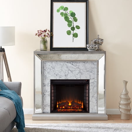 Sei Shroplynn Glam style Mirrored Faux Marble Electric Fireplace in Antique silver finish