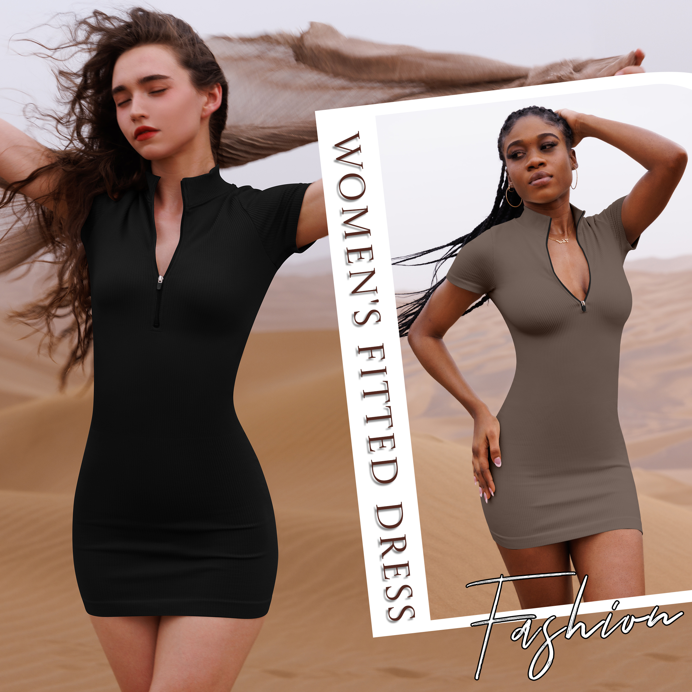 OQQ Women's 2 Piece Dresses Sexy Ribbed Zip Front Short Sleeve Stretch Tops Mini Dress