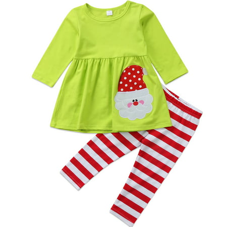 Baby Kid Girls Christmas Outfits Long Sleeve Santa Claus Dress With Stripes Pant 6-7 Year
