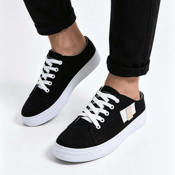 Women's Slip on Mules Sneakers Lace Up Canvas Shoes Fashion Trendy for Female Work Business Causal Soft Sole Flat Tennis Walking Shoes Classic