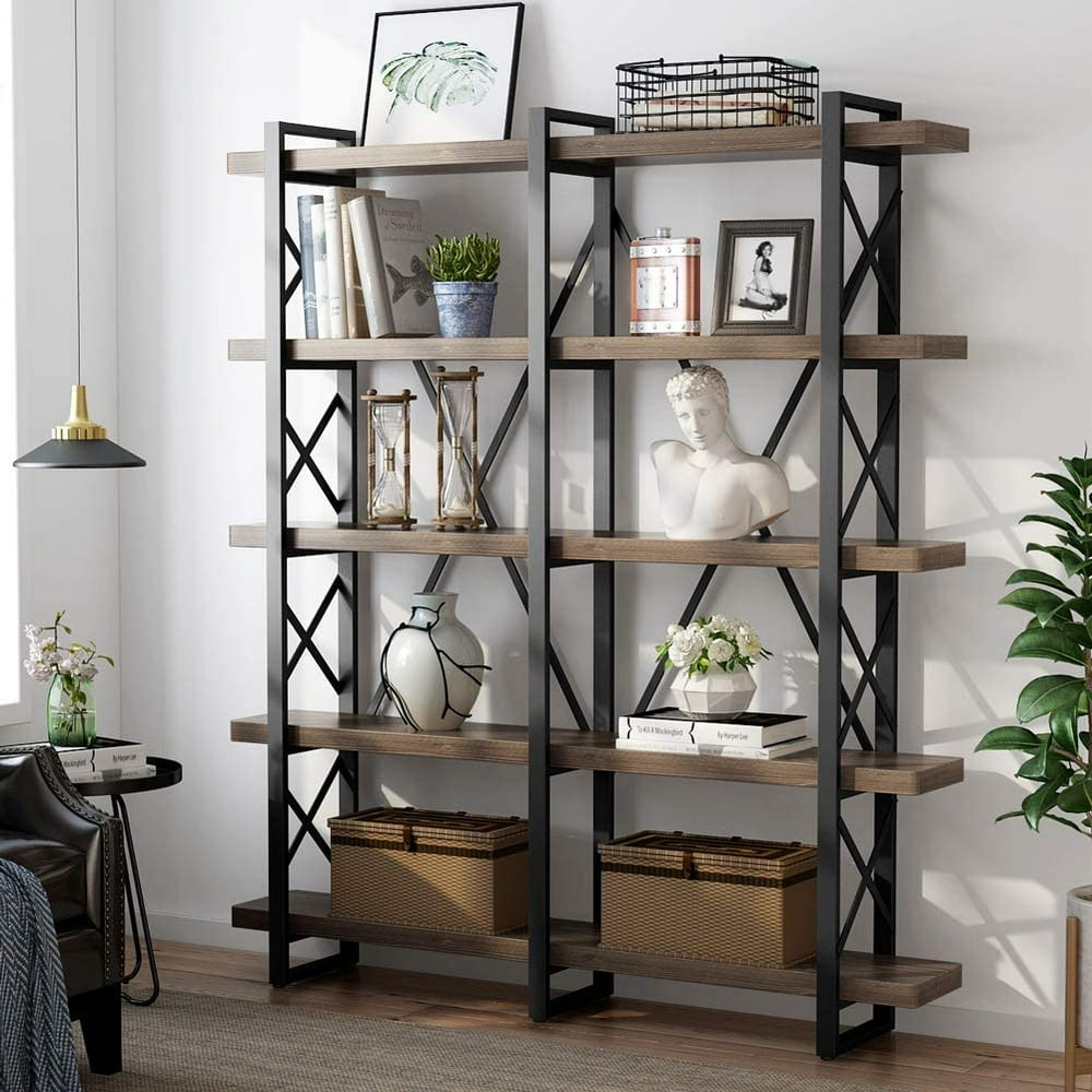 Tribesigns 5Tier Double Wide Open Bookcase, Solid Wood Industrial