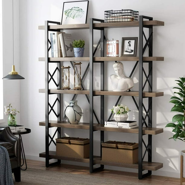 Tribesigns 5 Tier Double Wide Open Bookcase Solid Wood Industrial Large Metal Bookcases Furniture Vintage 5 Shelf Bookshelf Etagere Book Shelves For Home Office Decor Display Retro Brown Walmart Com Walmart Com