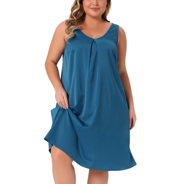 Camisones de satén para mujer de tallas grandes GRACE & GRANDEUR, con escote en V, tirantes anchos, plisados, vestido de dormir y lounge 1X azul pavo real