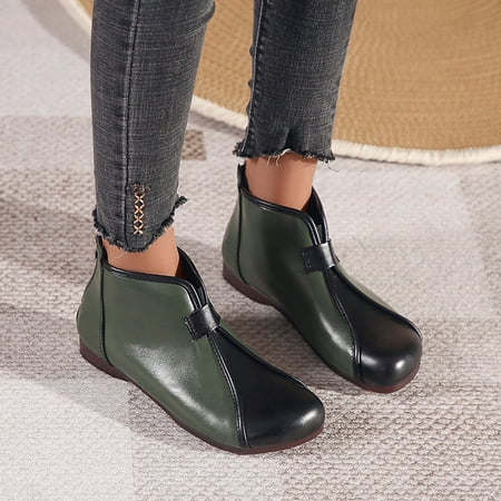 

Ladies Colorblock Leather Ethnic Round Toe Back Zip Flat Fashion Short Boots