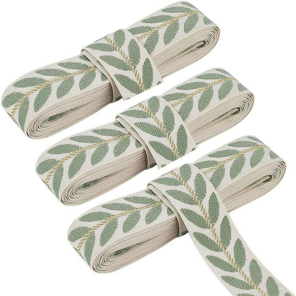 Green Embroidered Ribbon Trim Tape Polyester White Jacquard Ribbons Leaf Pattern Ethnic Embroidery Woven Fabric Trimming Bulk for Sewing Making Cloth Dress Gift Wrapping Curtain DIY Supply